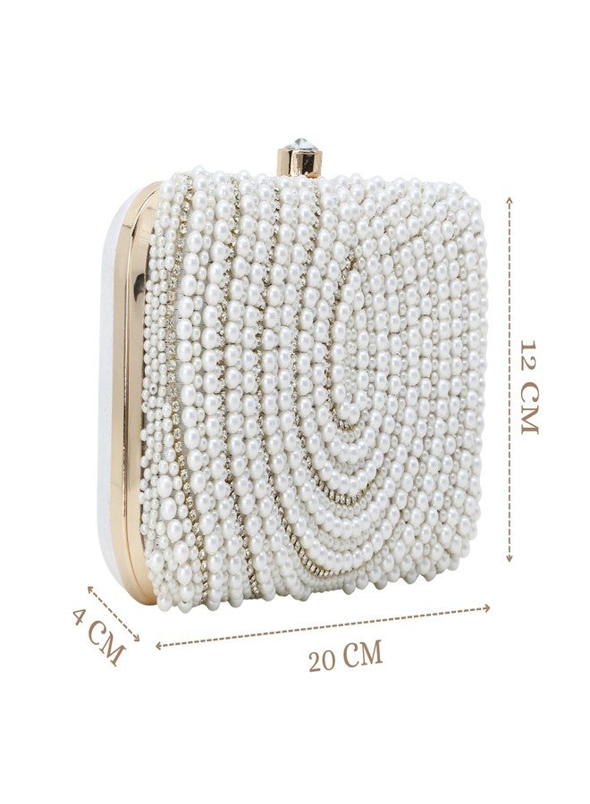 Anekaant Adorn White & Gold Pearl Embellished Faux Silk Clutch for Women | Bridal Bag | Party, Wedding & Festive Accessory - Image 4